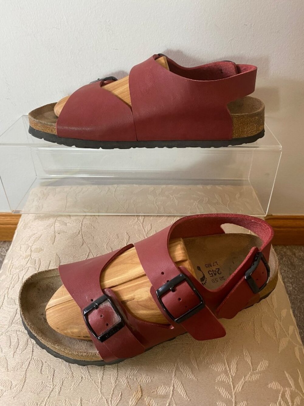 Birkenstock Red Leather Double Buckle Sandals Women’s Size 38 L7 M5 Cork Footbed